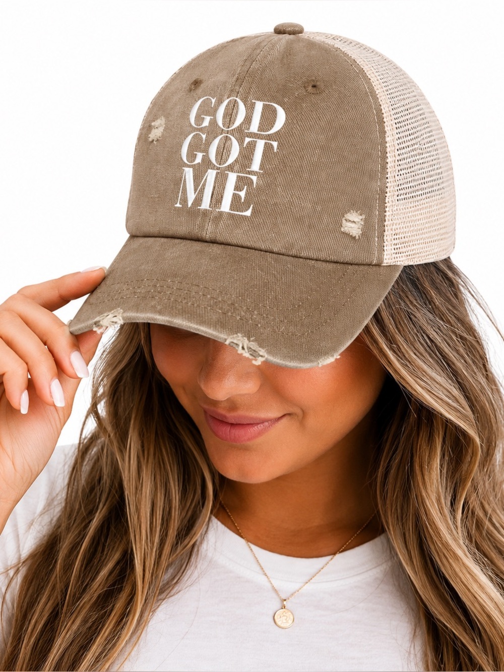 God Got Me Distressed Mesh Trucker Hat Snapback Cap Tan